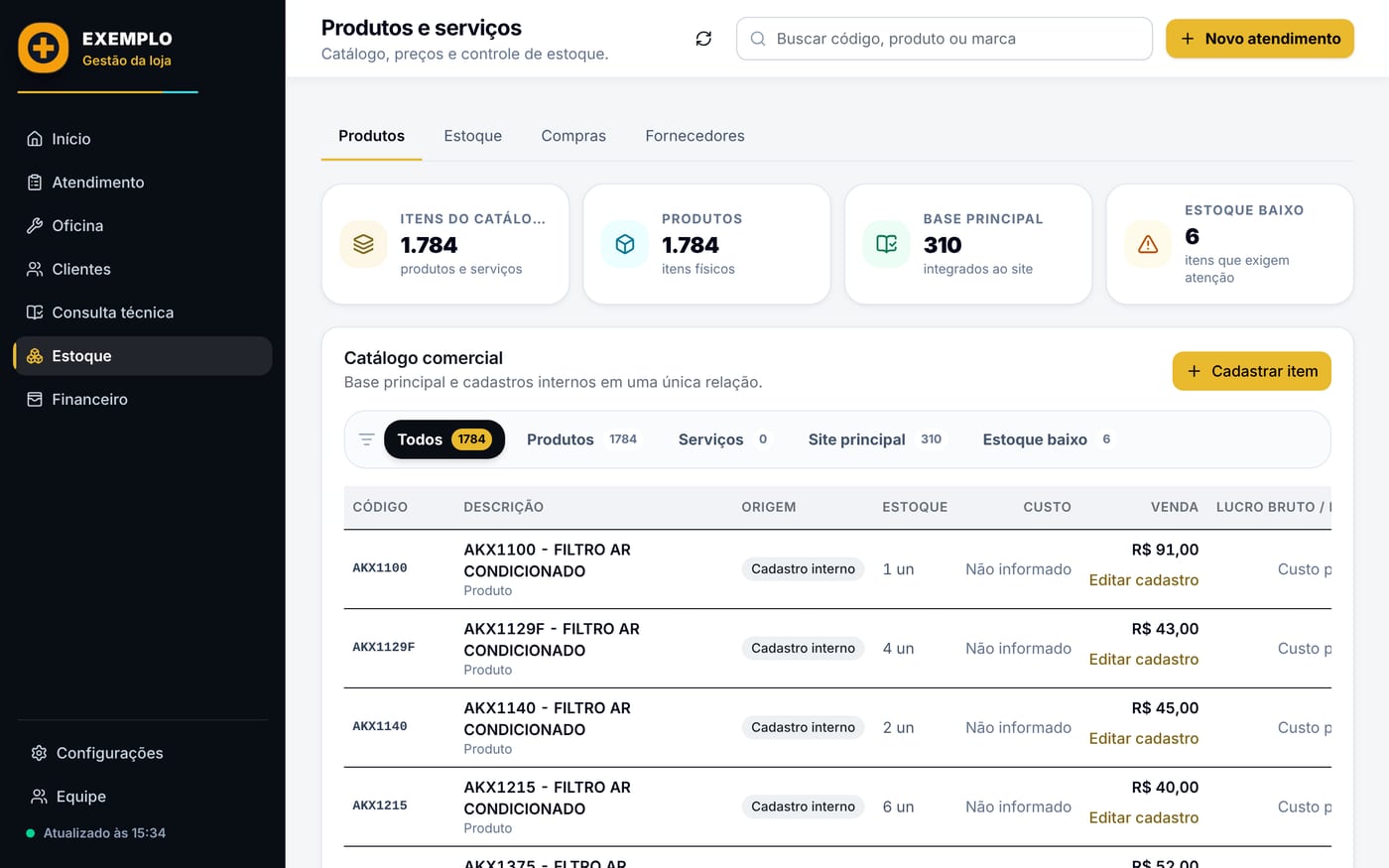 Tela do estoque com produtos e quantidades