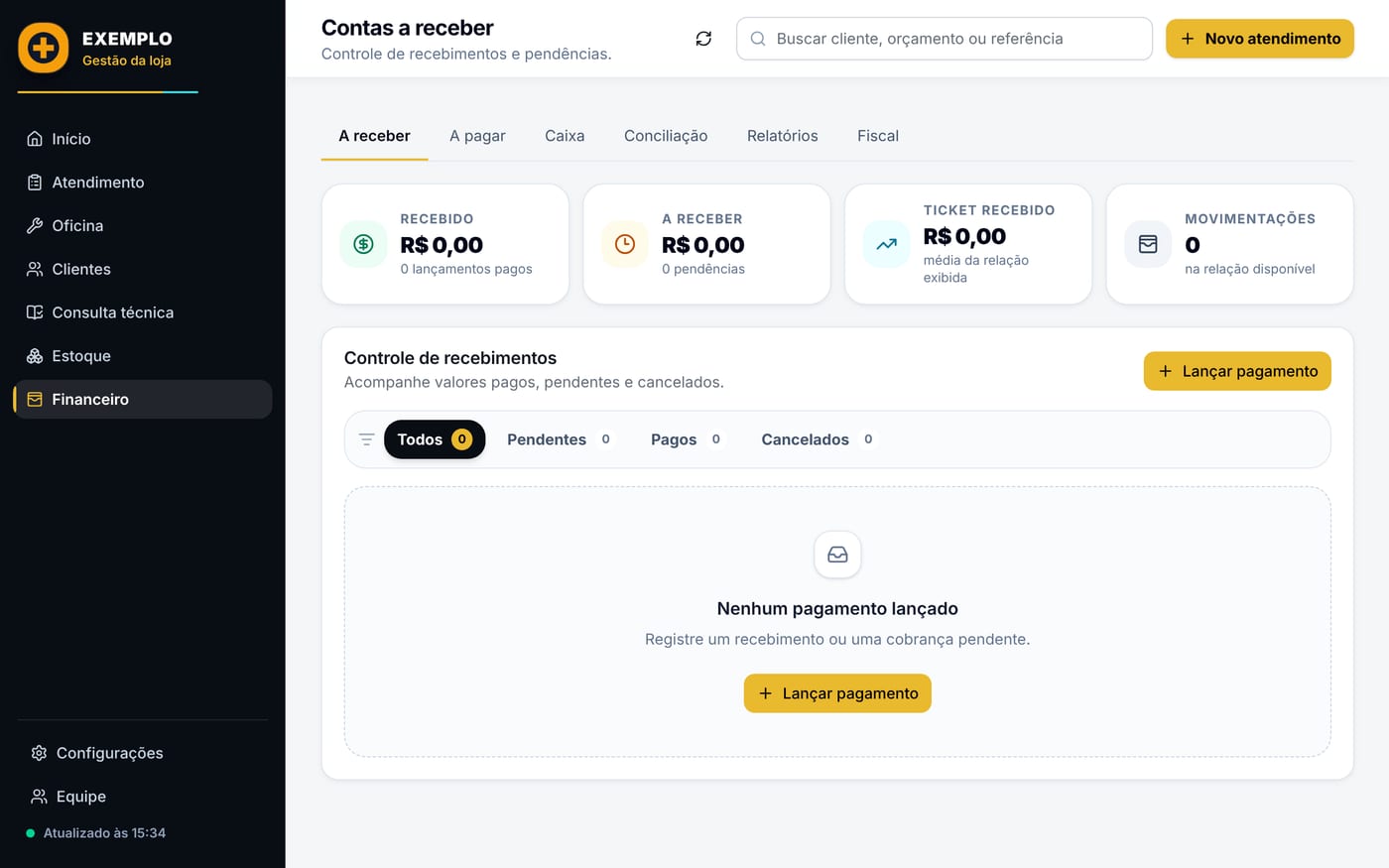 Tela do financeiro com contas a receber e caixa